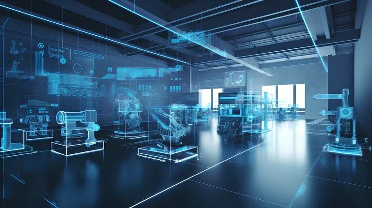 Das Interieur der intelligenten Industrie 4.0-Fabrik zeigt fortschrittliche Automatisierung, Maschinen und Robotik in einer futuristischen Industrieumgebung.