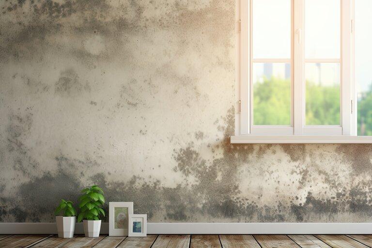 Eine Wand und ein Fenster, die mit Schimmel bedeckt sind. Fachmännische Sanierung, langlebige Materialien und Schutzbeschichtungen zur Verhinderung von Schimmelbildung. Schadstoffgutachten