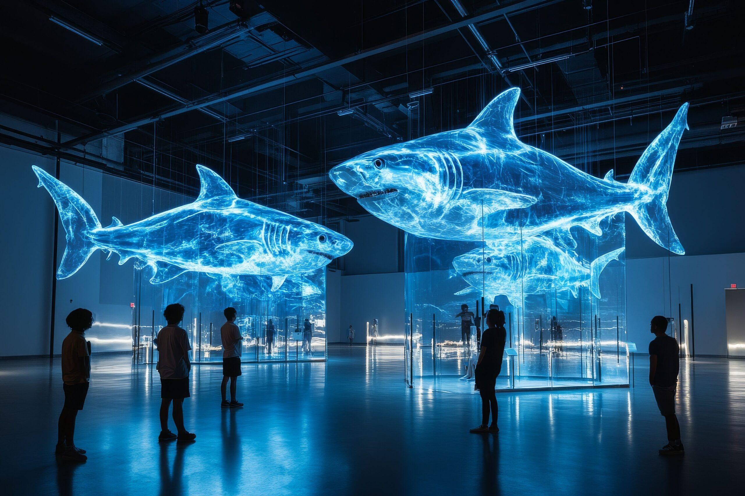 Holo-ähnliche Darstellung von Haien in einem digitalen Ausstellungsraum mit Besuchern