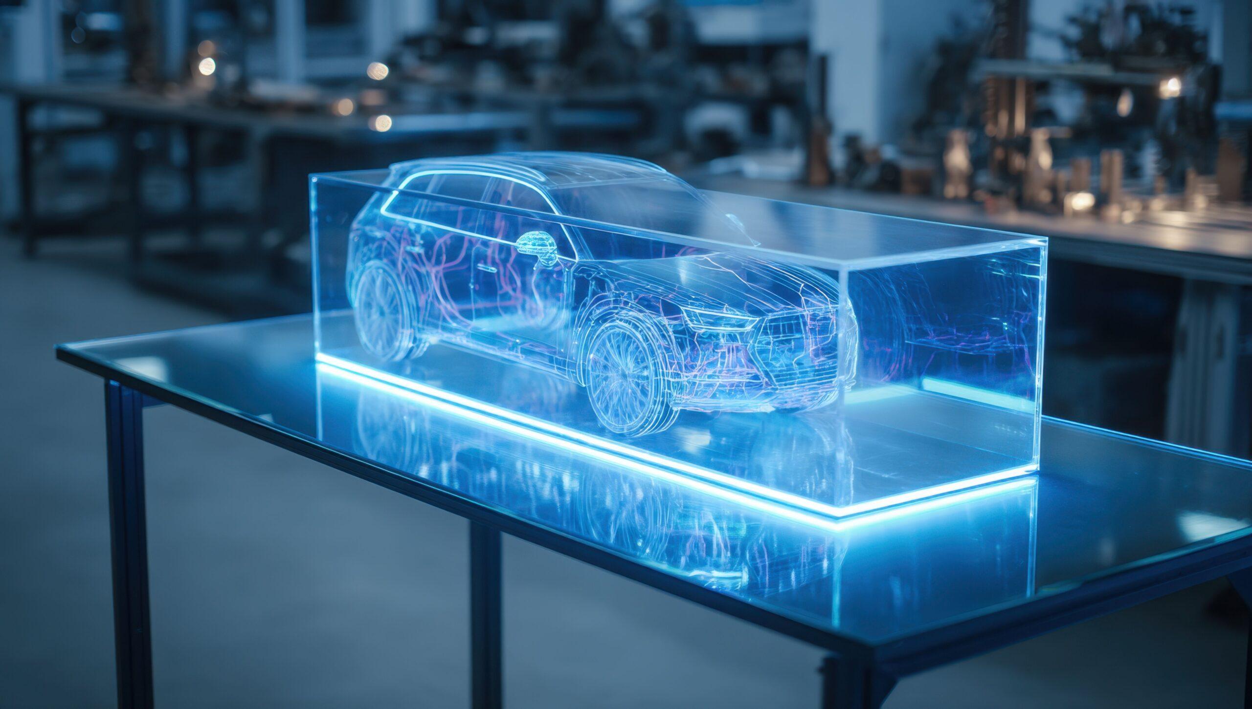 Digitales Fahrzeugmodell in transparentem Glaskubus mit holografischem Leuchteffekt