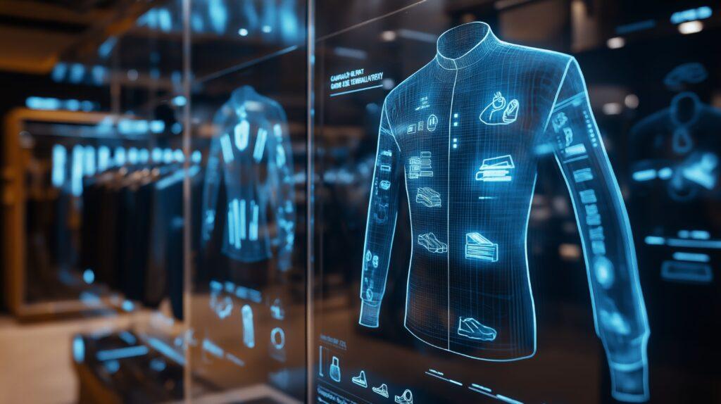Holografische Produktanzeige auf transparentem Display in einem modernen Bekleidungsgeschäft