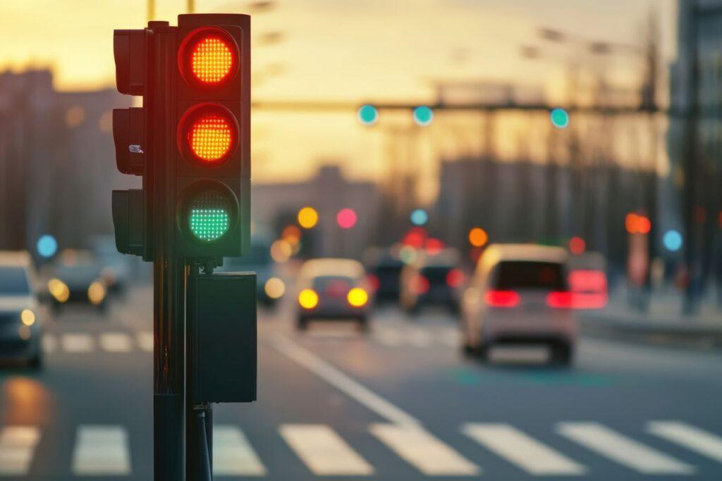 Ampel im Abendlicht mit Stadtverkehr und erkennbaren Fahrbahnmarkierungen auf mehrspuriger Straße