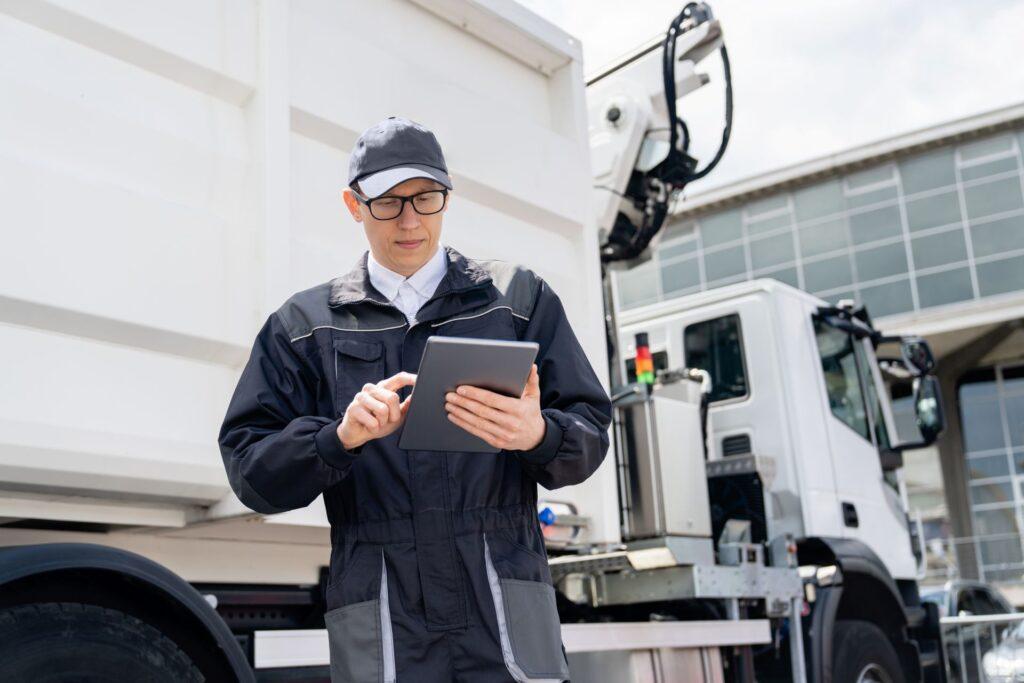 LKW-Fahrer nutzt Tablet zum digitalen Fahrerkarte auslesen per Remote-Zugriff