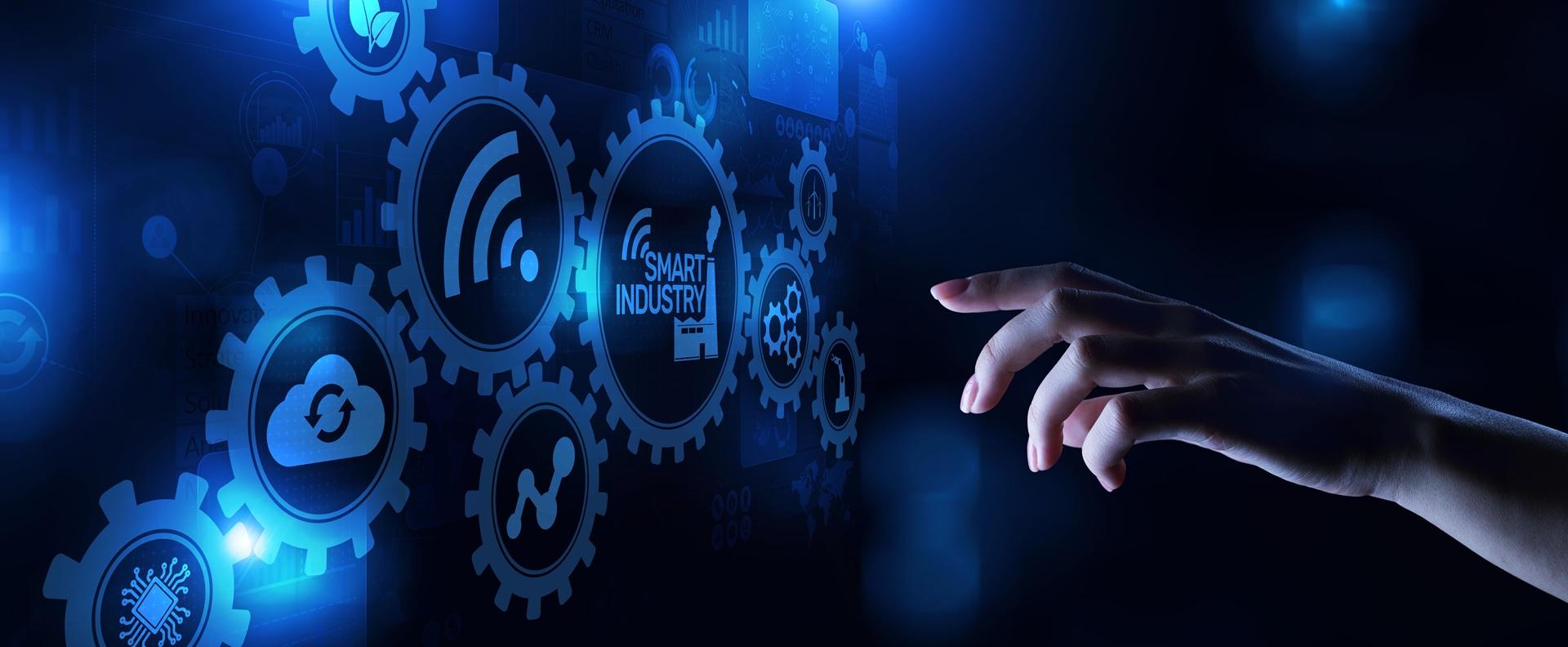 Hand zeigt auf Smart-Industry-Zahnräder | Veev One