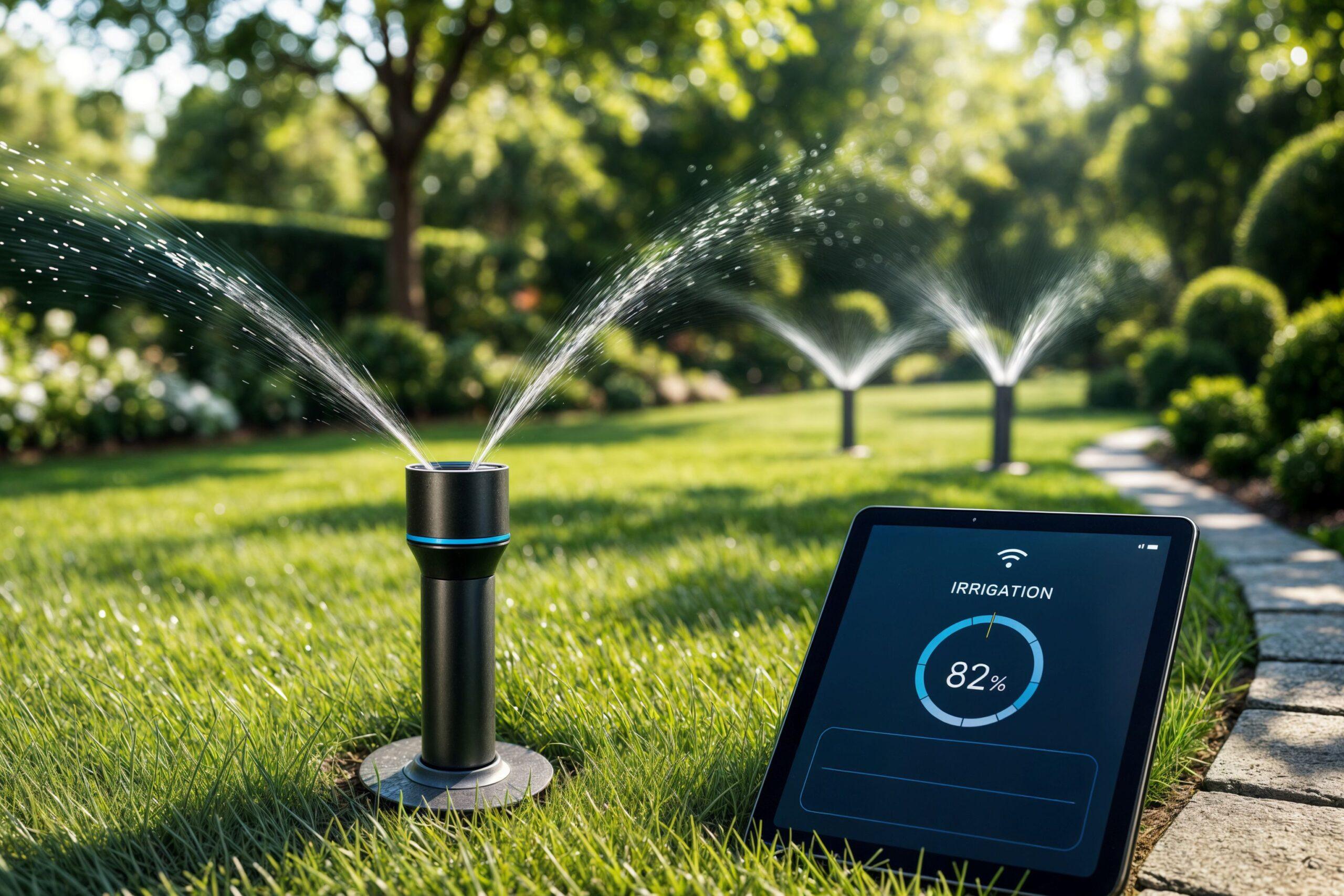Ein intelligentes Bewässerungssystem bewässert einen üppigen Garten mit Sprinklern, die von einem Tablet mit einem Fortschrittsanzeiger von 82 % gesteuert werden.